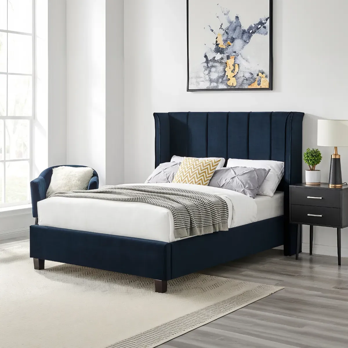 King Size Bed Frame with Winged Headboard - Navy Blue, Velvet