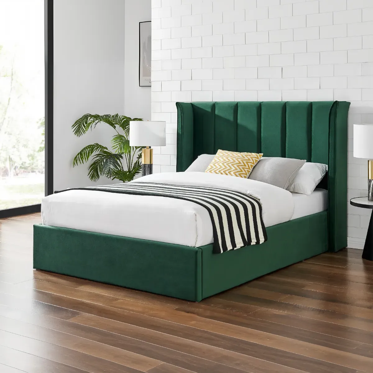 King Size Ottoman Bed with Storage - Green, Velvet