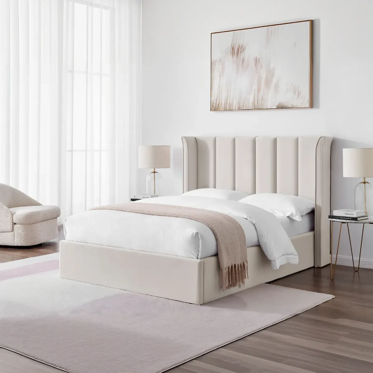 King Size Ottoman Bed with Storage - Natural, Velvet