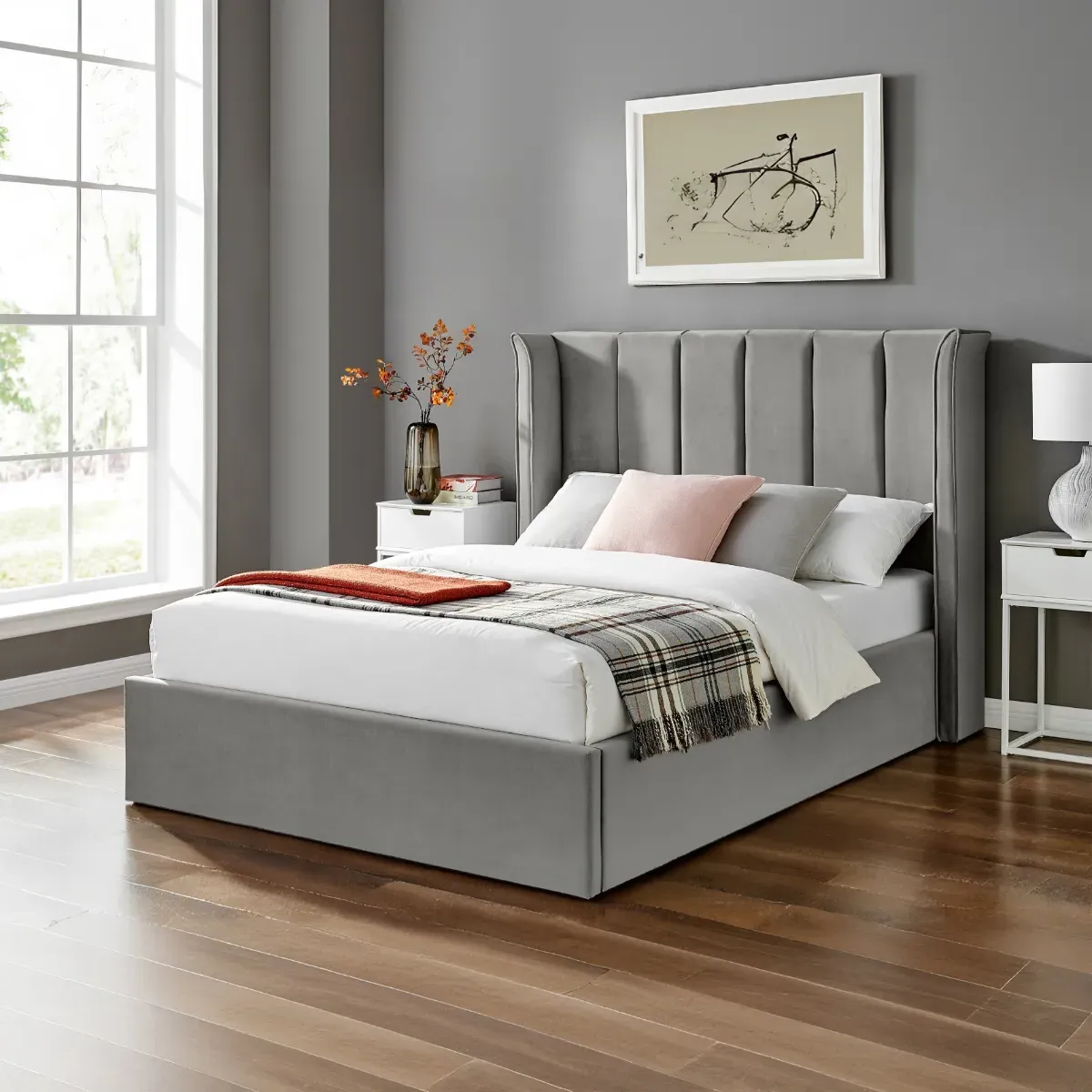 King Size Ottoman Bed with Storage - Silver, Velvet
