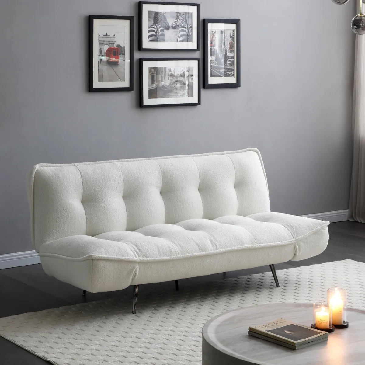 Sofa Bed with Adjustable Arms - Cream, Sherpa image