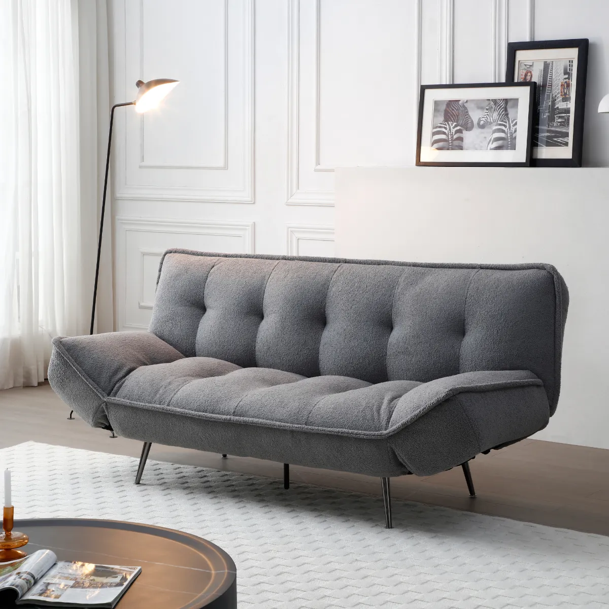 Sofa Bed with Adjustable Arms - Grey, Sherpa