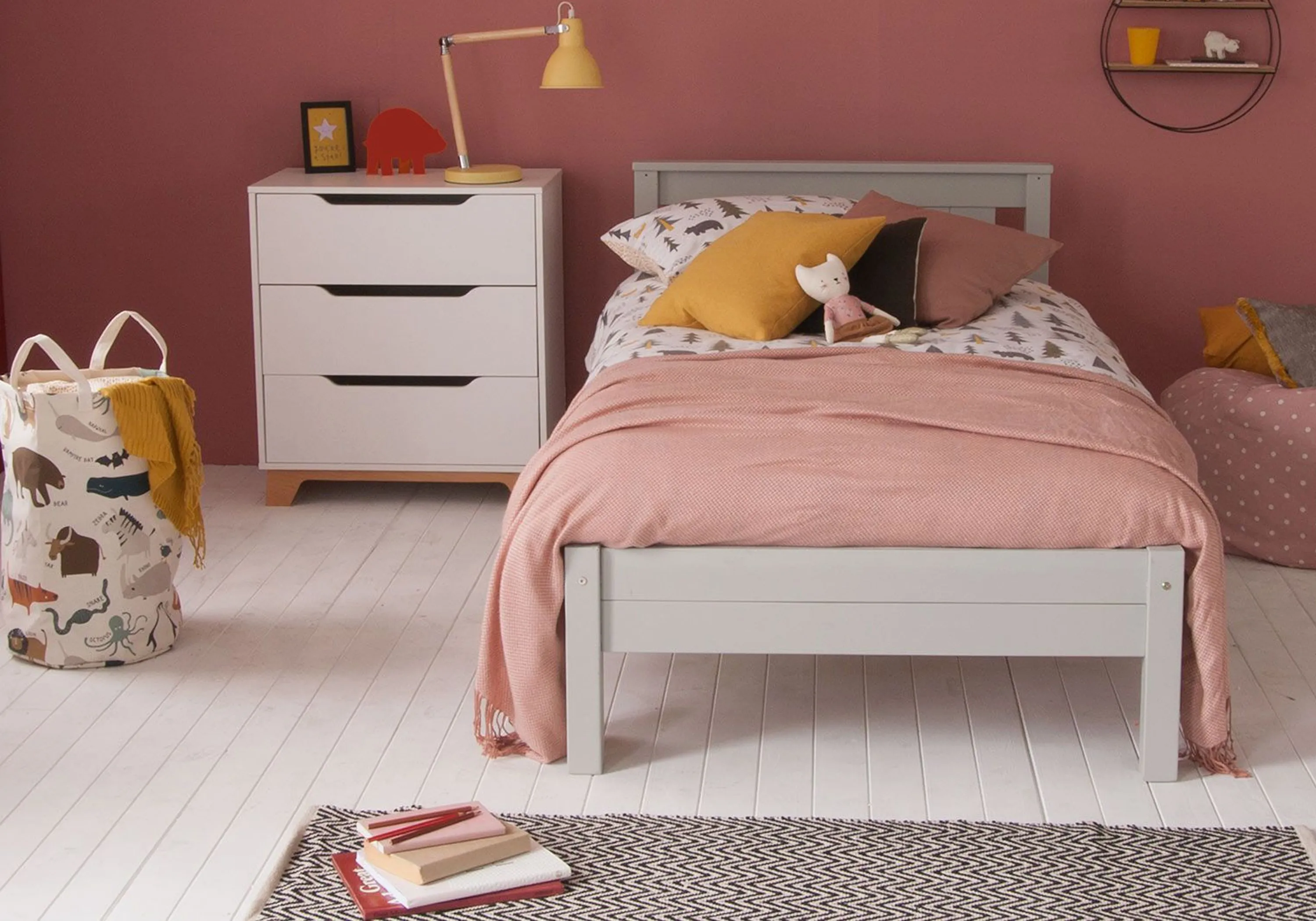 Single Bed Frame with Panelling - Grey, Beech