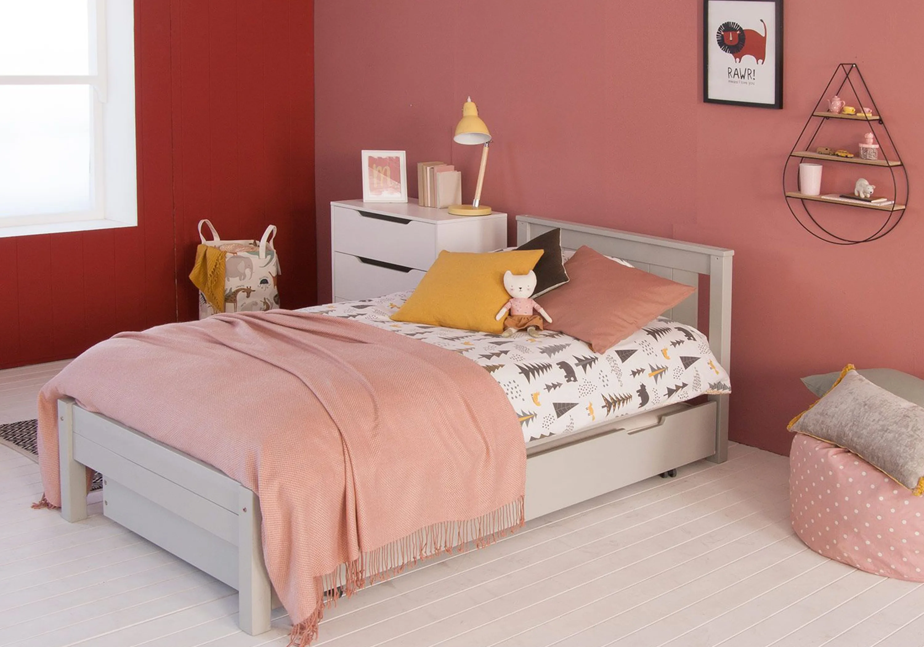 Single Bed Frame with Trundle - Dove Grey, Beech