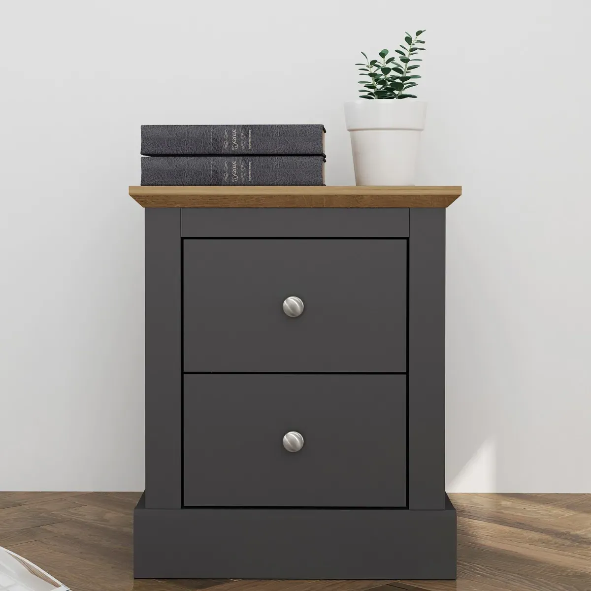 2 Drawer Bedside Cabinet - Charcoal, Oak