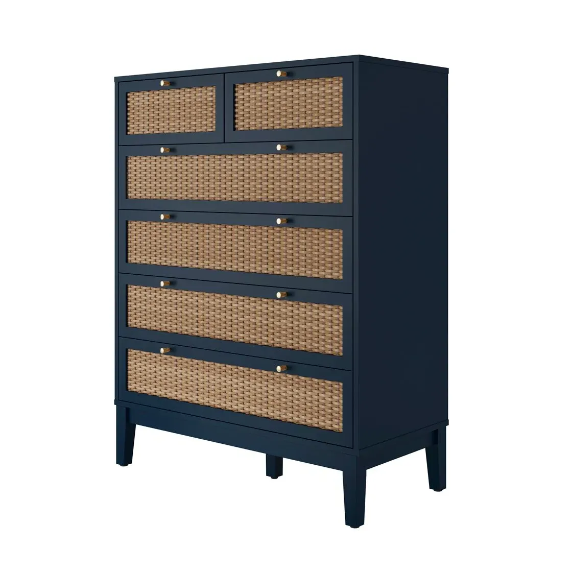 Chest of Drawers with Rattan Detail - Blue, Wood