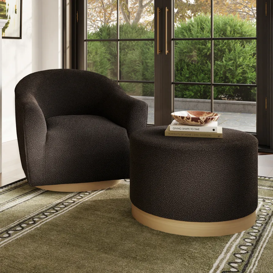 Large Pouffe with Wood Base - Black, Boucle image
