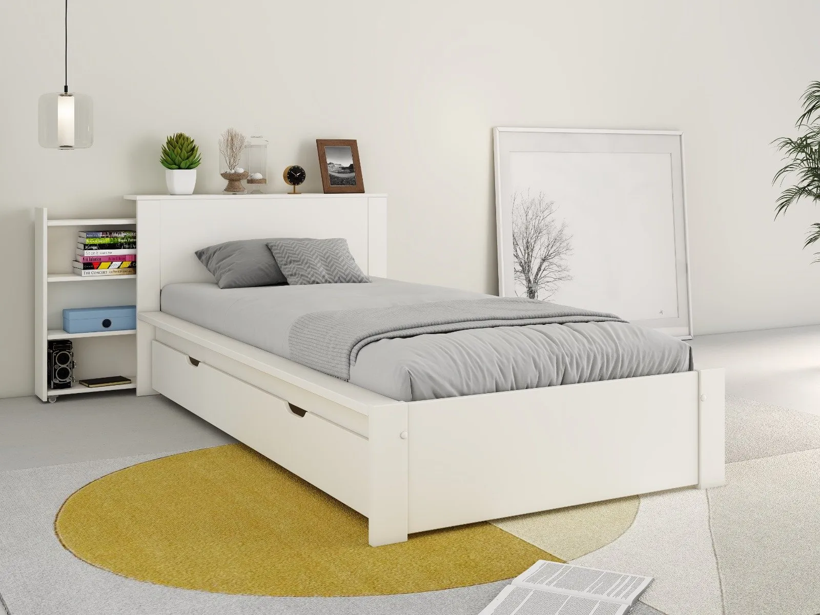 Bookcase Storage Bed with Drawer - White, Pine image