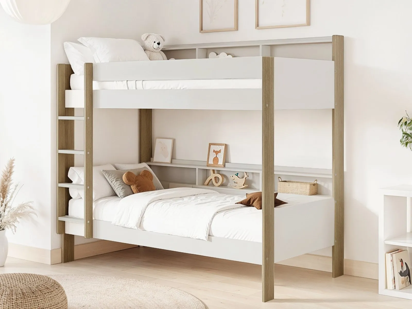 Bunk Bed with Storage - White & Oak, Pine Wood