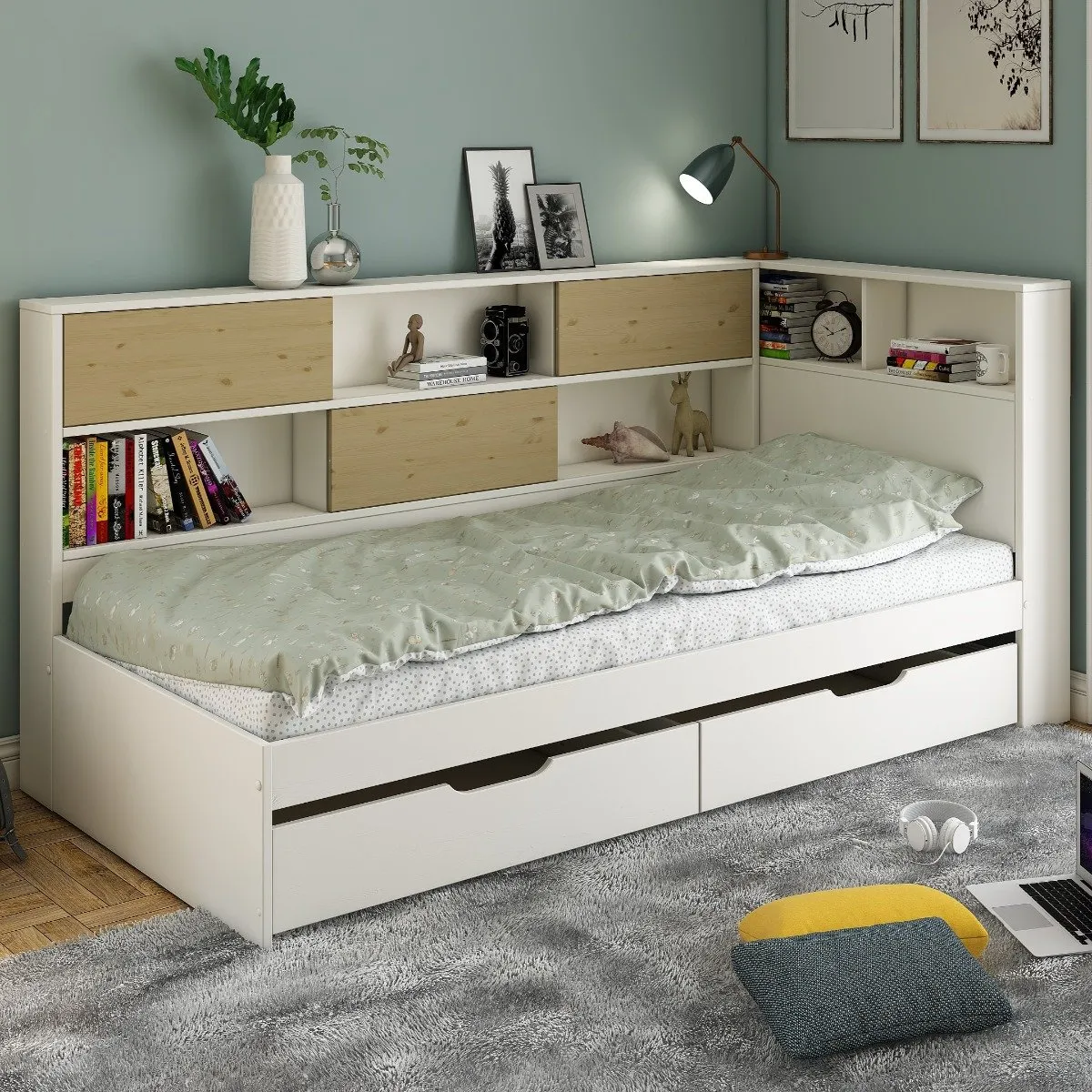 Corner Storage Bed - White & Oak, FSC Wood
