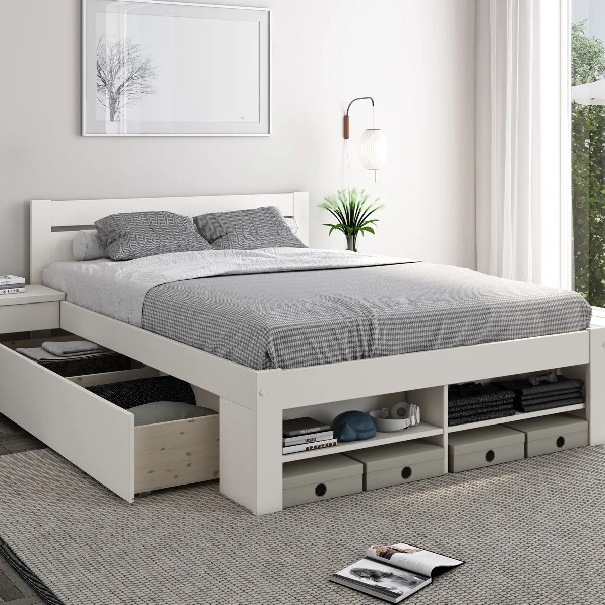 Double Storage Bed with Drawer - White, Pine image