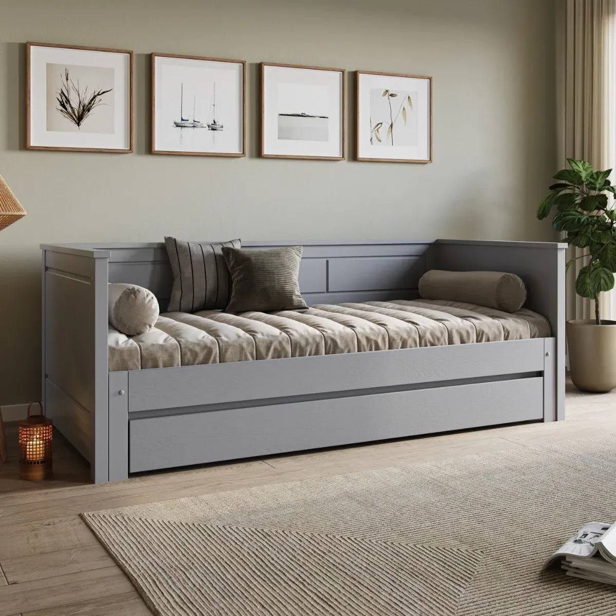 Guest Bed with Pull-Out & Drawer - Grey, Pine image