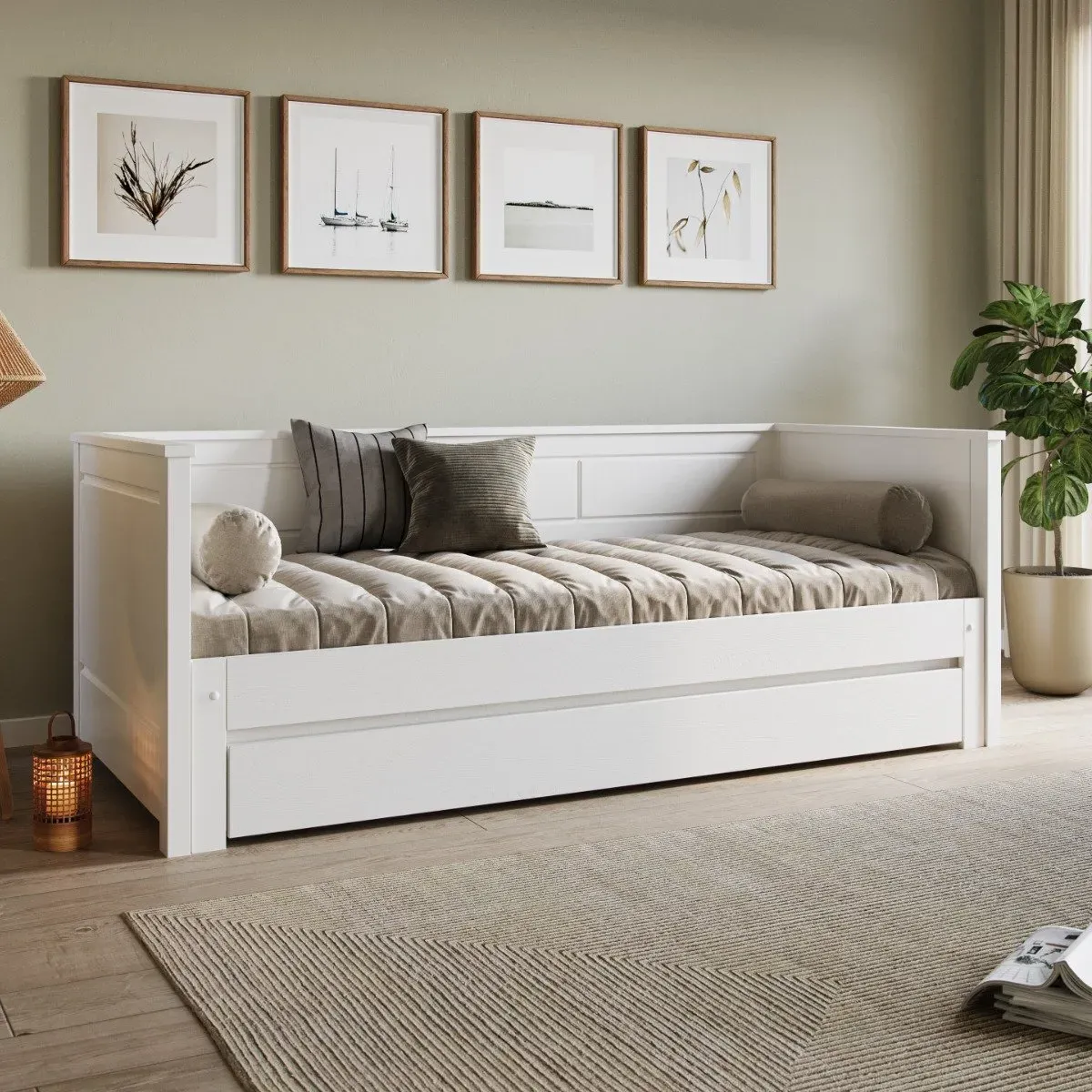 Guest Bed with Pull-Out & Drawer - White, Pine