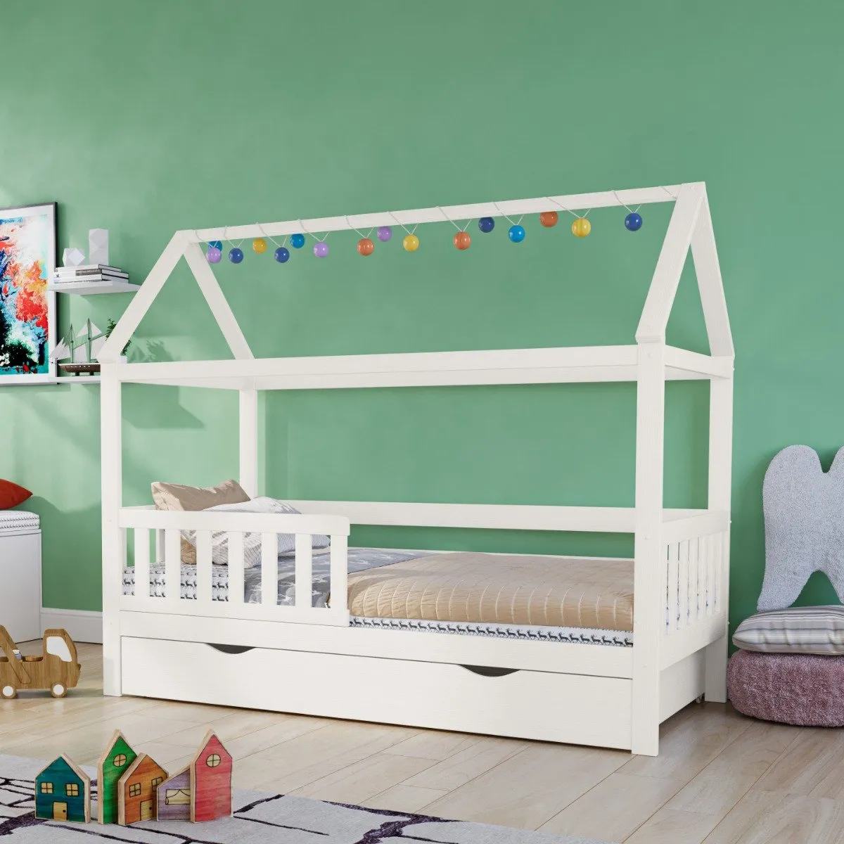 House Bed with Optional Storage - White, Wood image