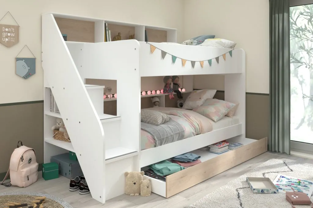 Bunk Bed with Storage Steps - White, Oak