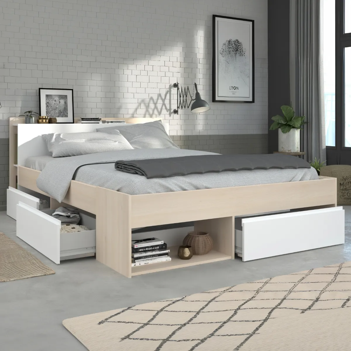 Double Storage Bed with Drawers - White, Wood