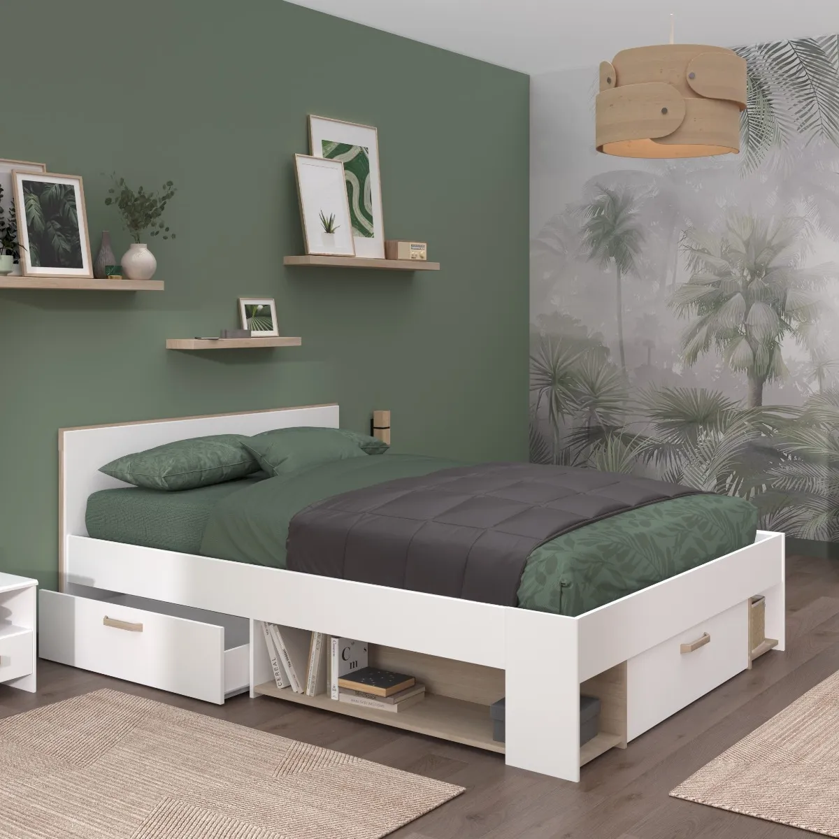 Double Storage Bed with Shelves - White, Oak image