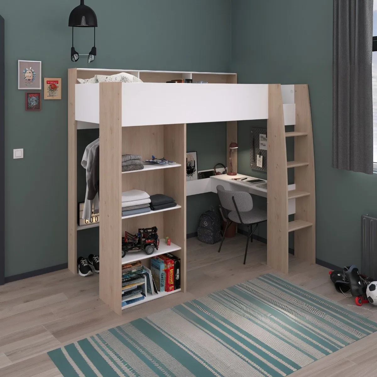 High Sleeper Bed with Desk - White, Oak Effect