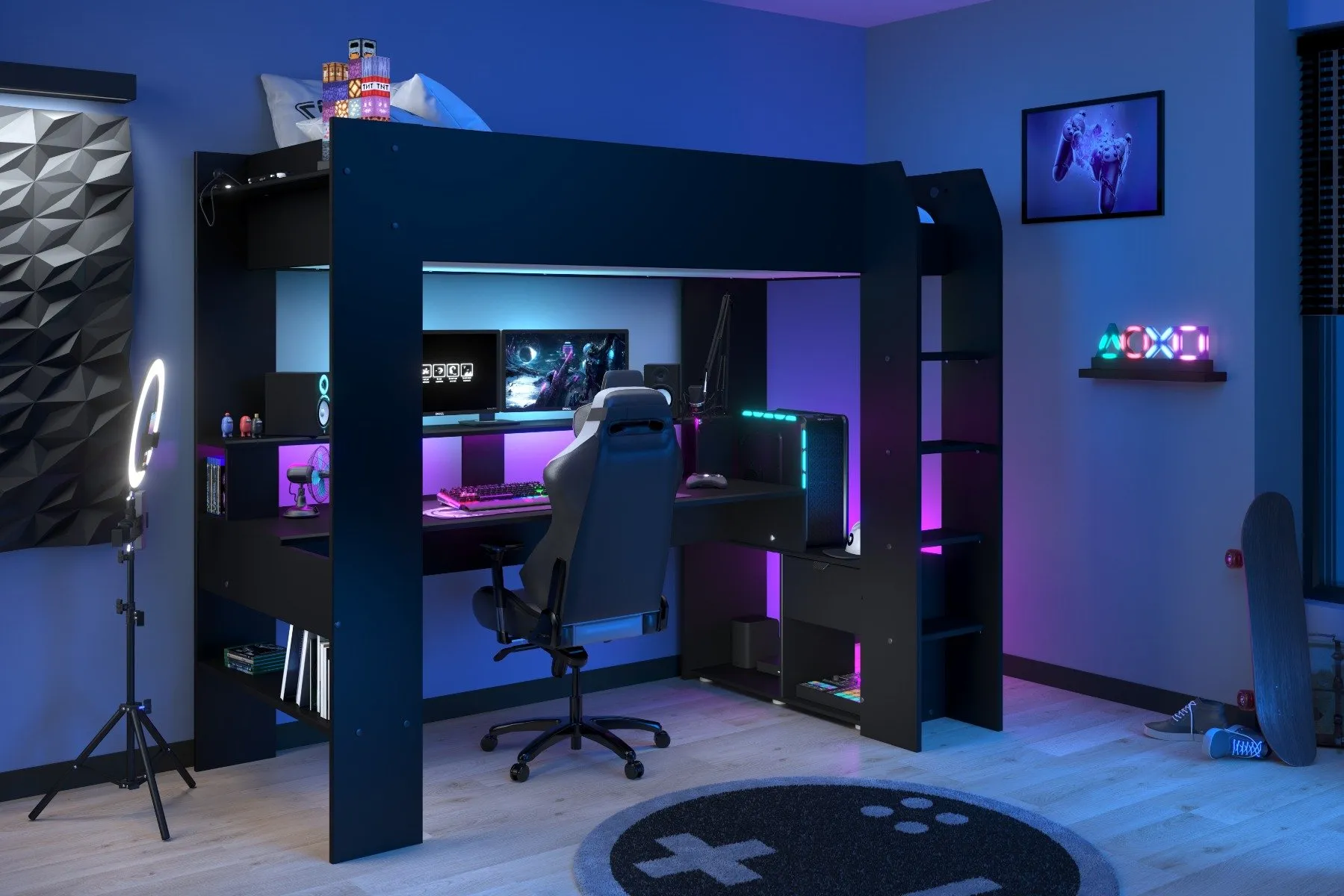 High Sleeper Gaming Bed with Desk - Black image