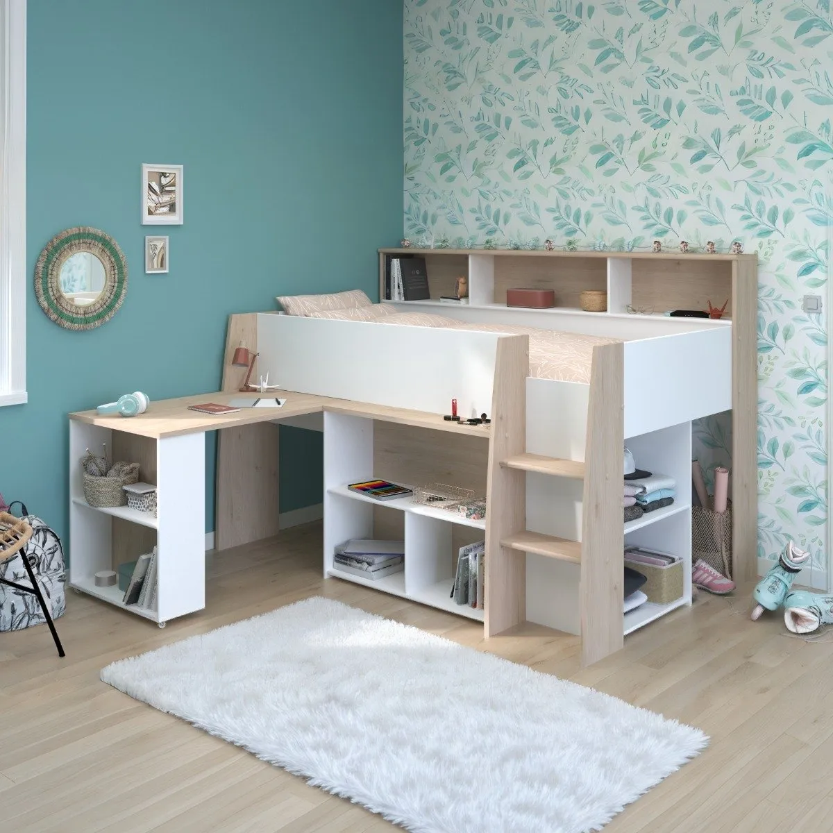 Mid Sleeper Bed with Desk and Storage - White, Oak image