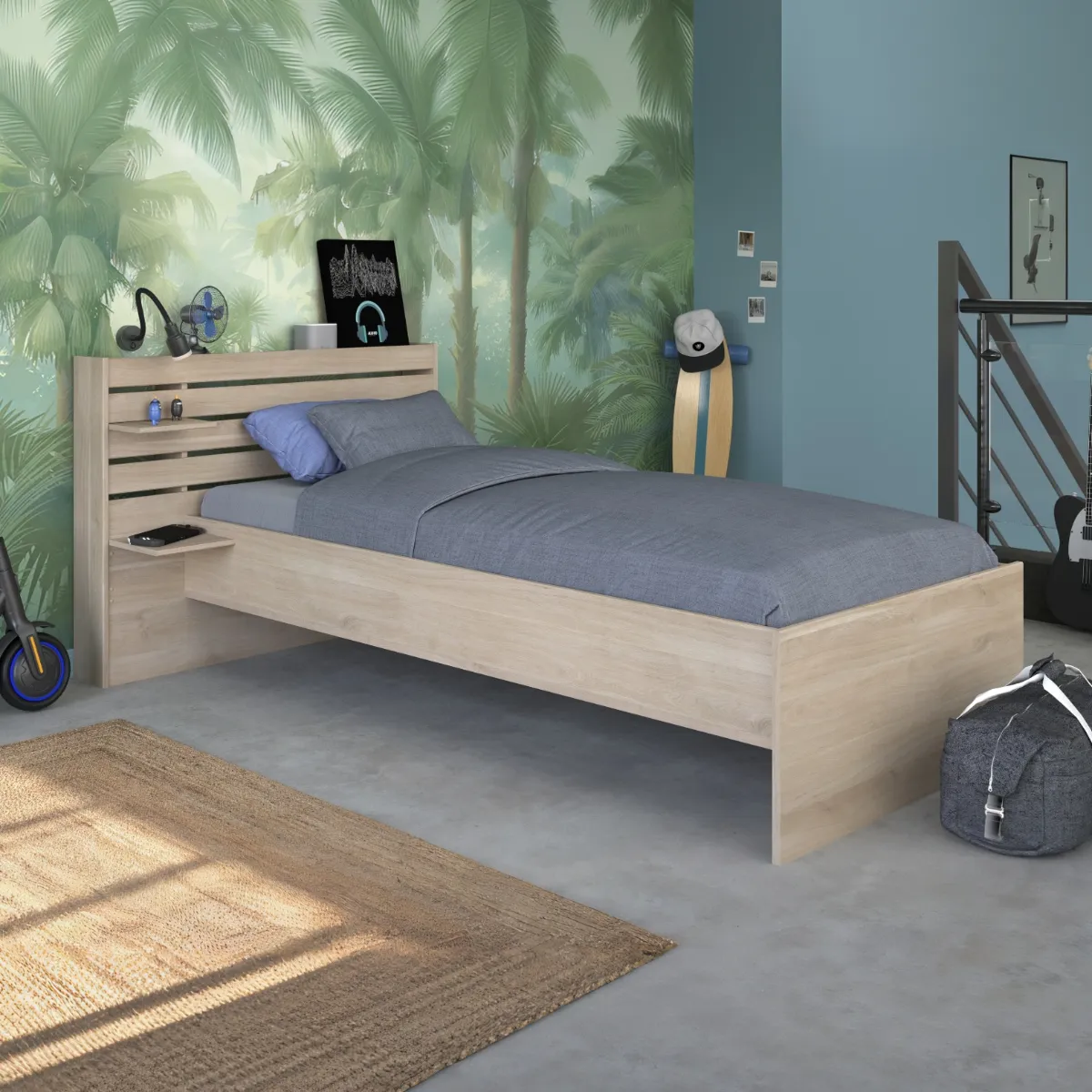 Single Bed with Headboard Shelves - Japanese Oak image