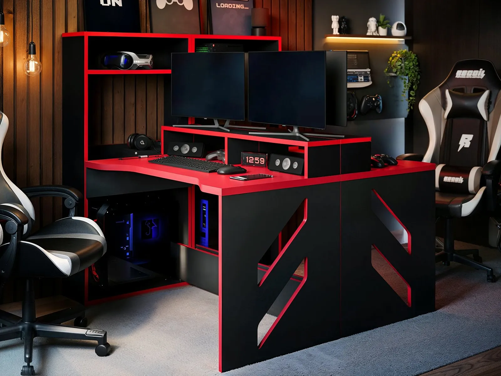 2-Pack Gaming Desk with Monitor Shelf - Black