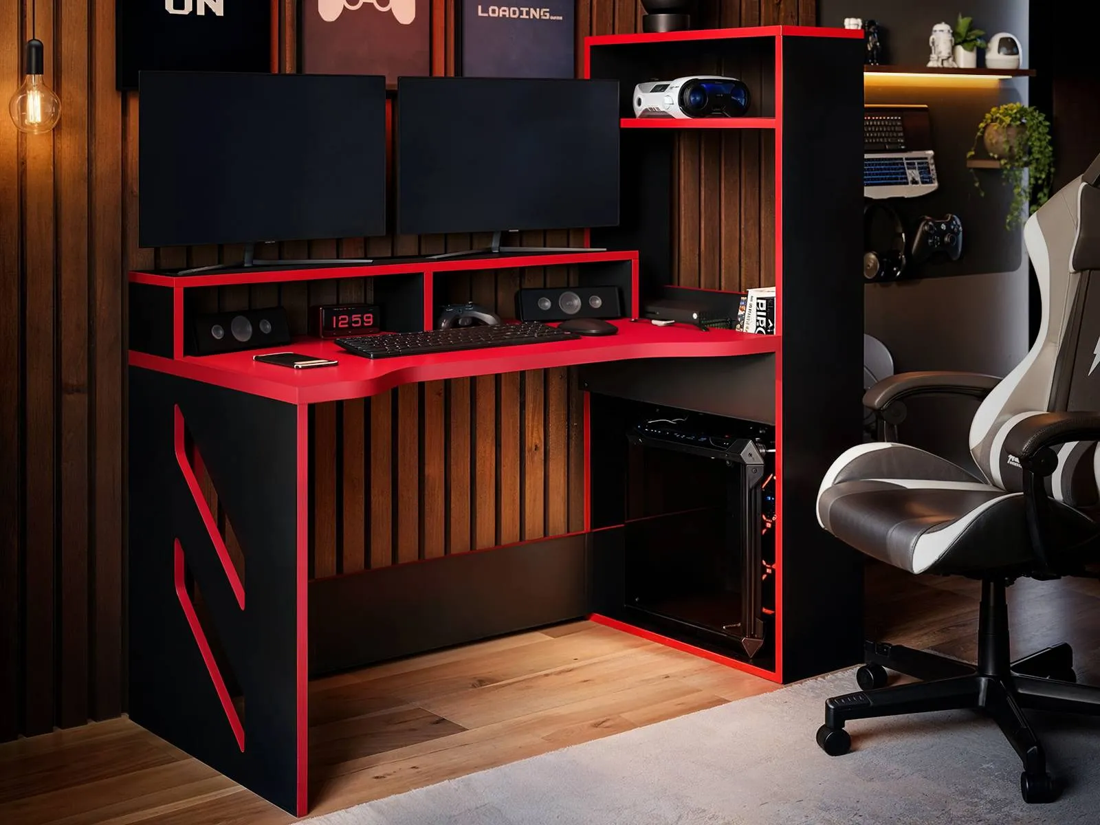 Gaming Desk with Monitor Shelf - Black, Engineered image
