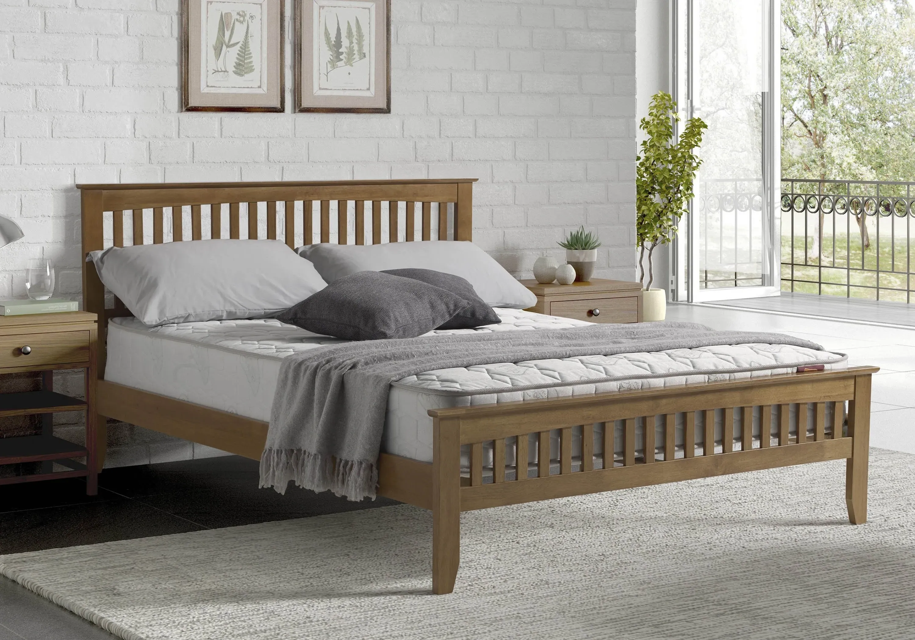 Double Bed Frame with Slatted Headboard - Oak