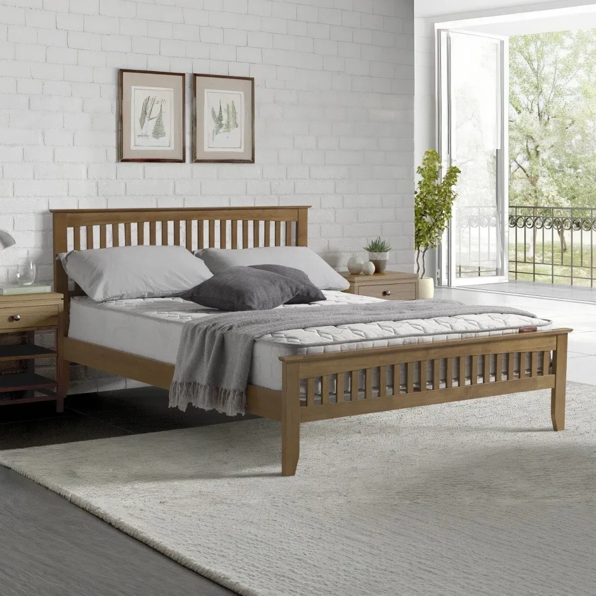 Single Bed Frame with Slatted Headboard - Oak image
