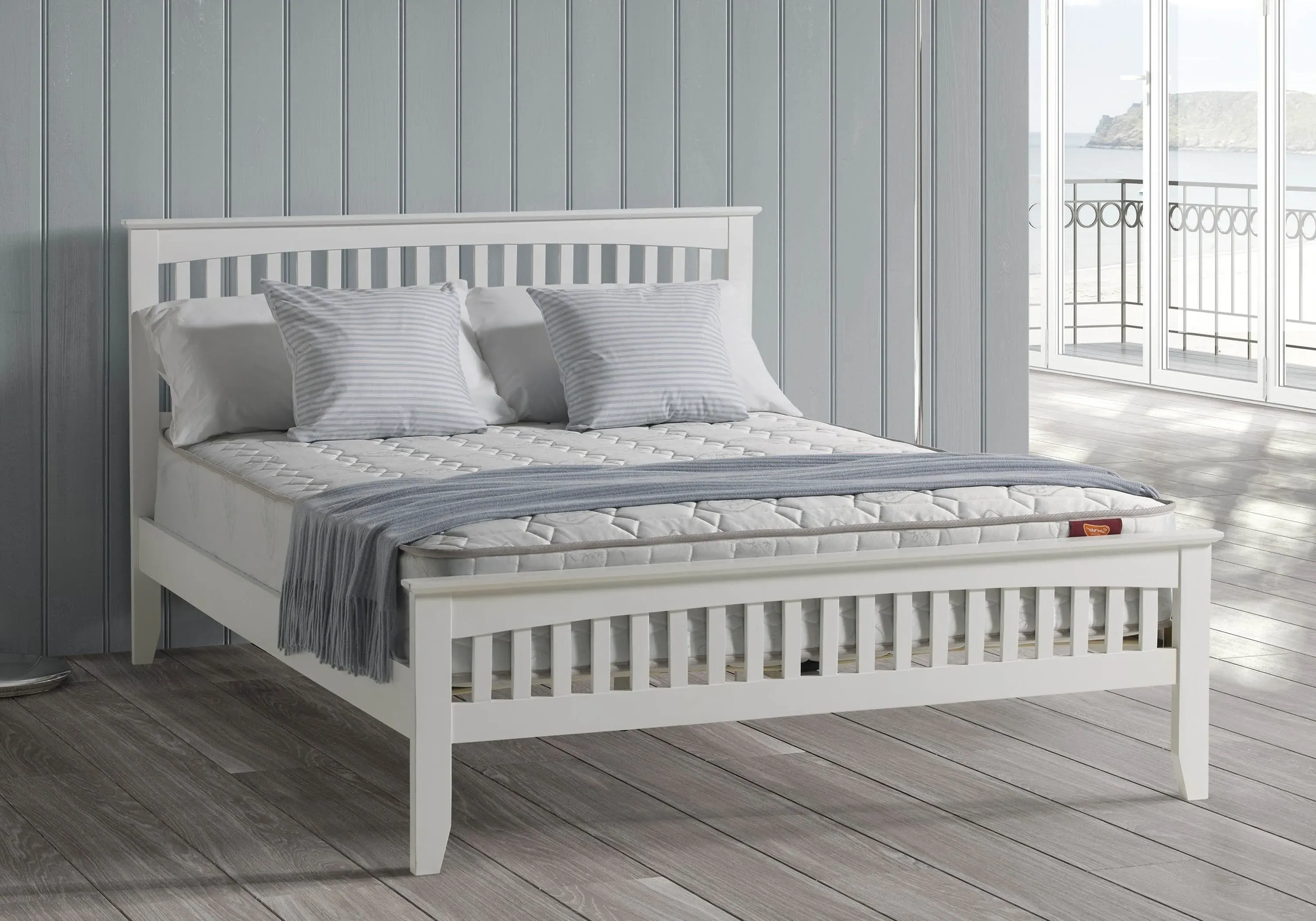 Single Bed Frame with Slatted Headboard - White image