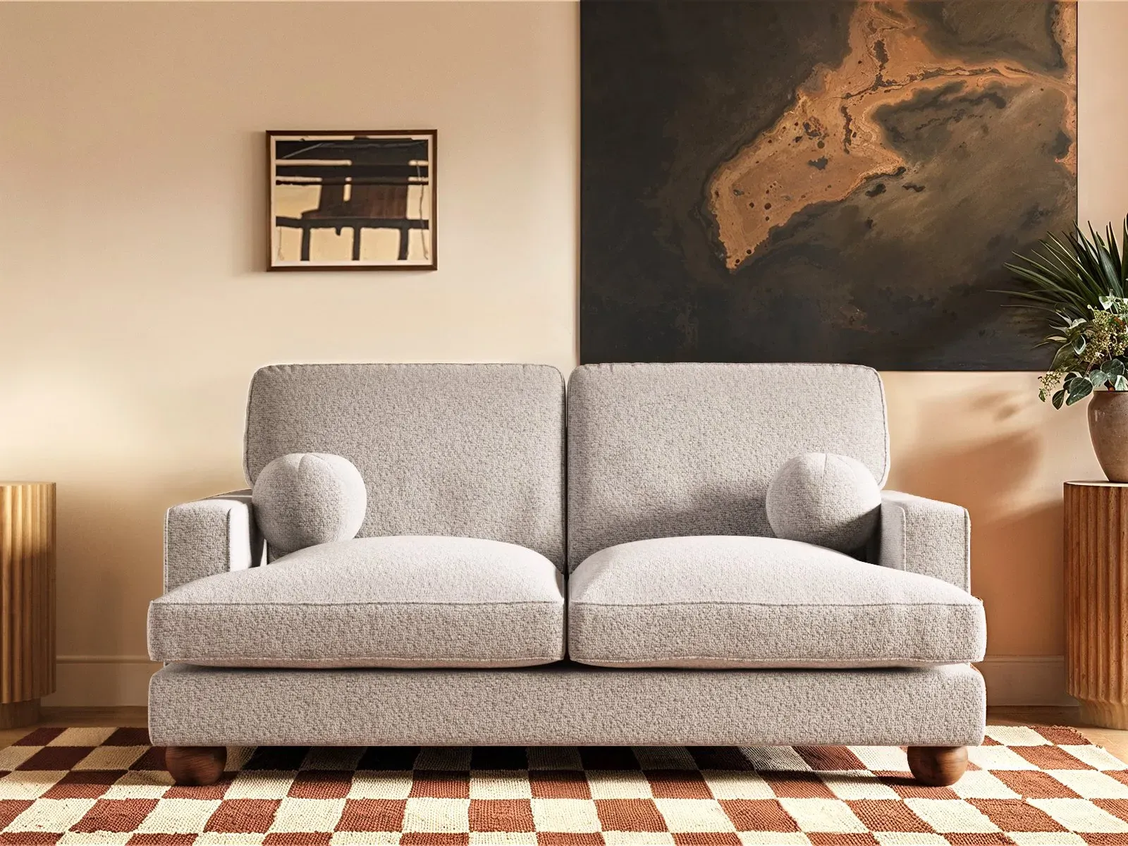 2-Seater Sofa with Ball Feet - Beige, Boucle image