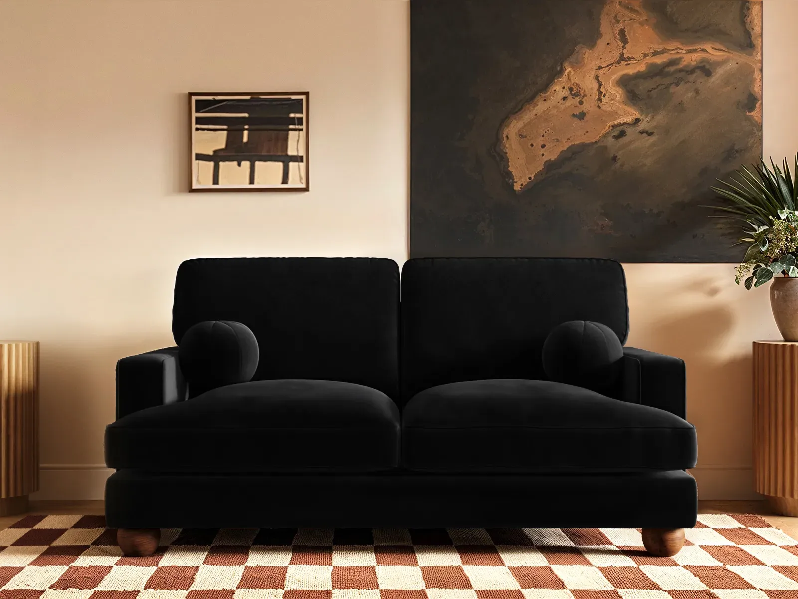 2-Seater Sofa with Ball Feet - Black, Velvet