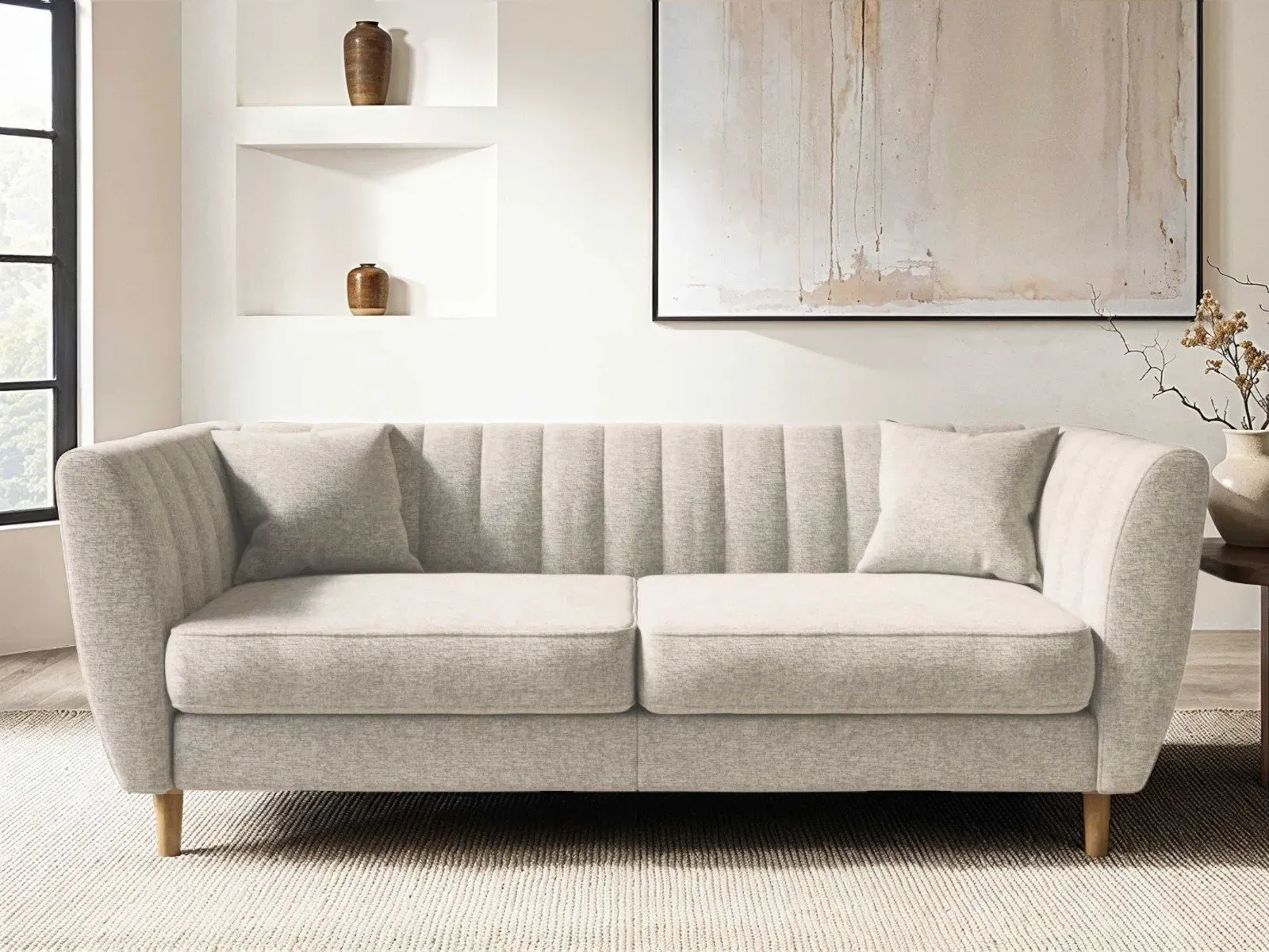 3-Seater Mid Century Sofa - Beige, Chenille image