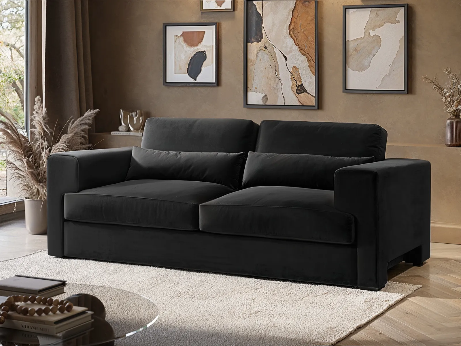 3-Seater Rose Sofa with Cut-Out Base - Charcoal, Velvet