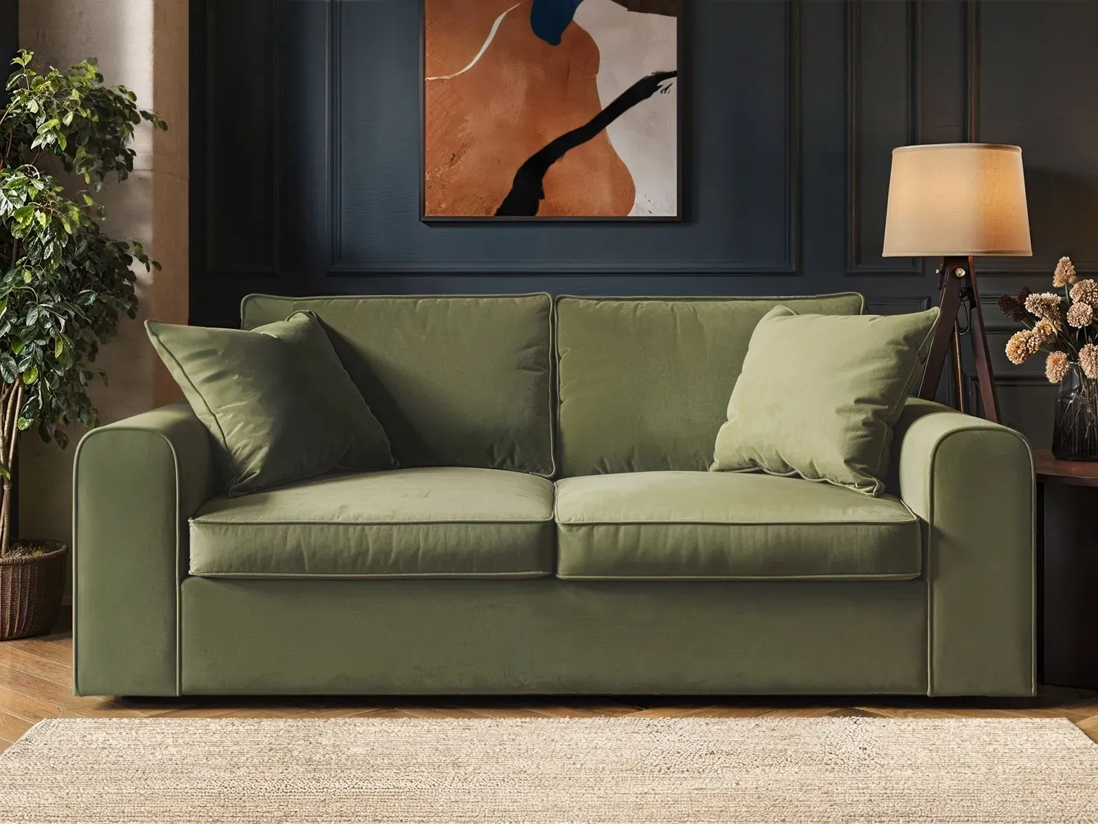 3-Seater Sofa - Khaki Green, Velvet