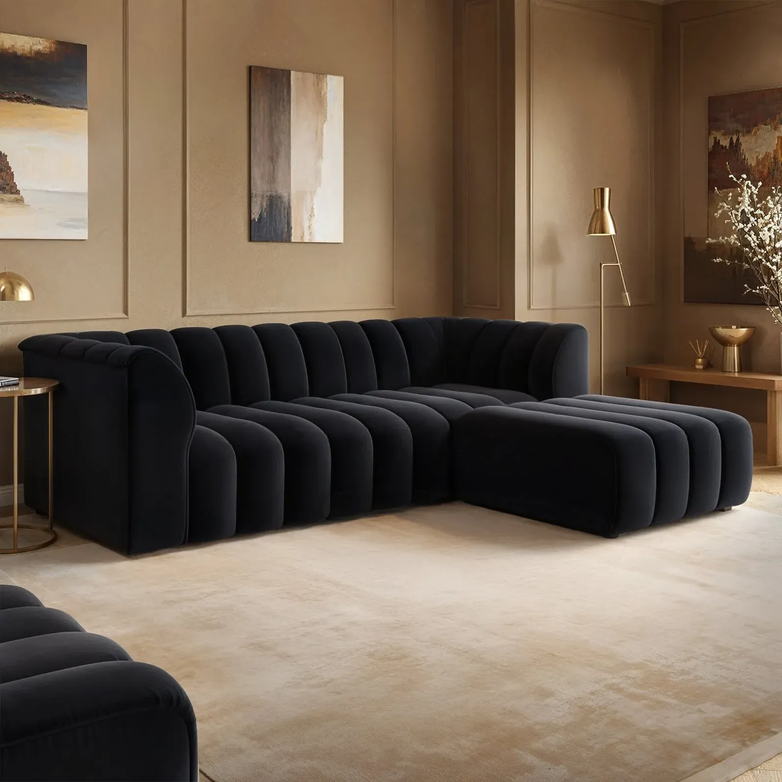 3-Seater Sofa with Footstool - Black, Velvet image