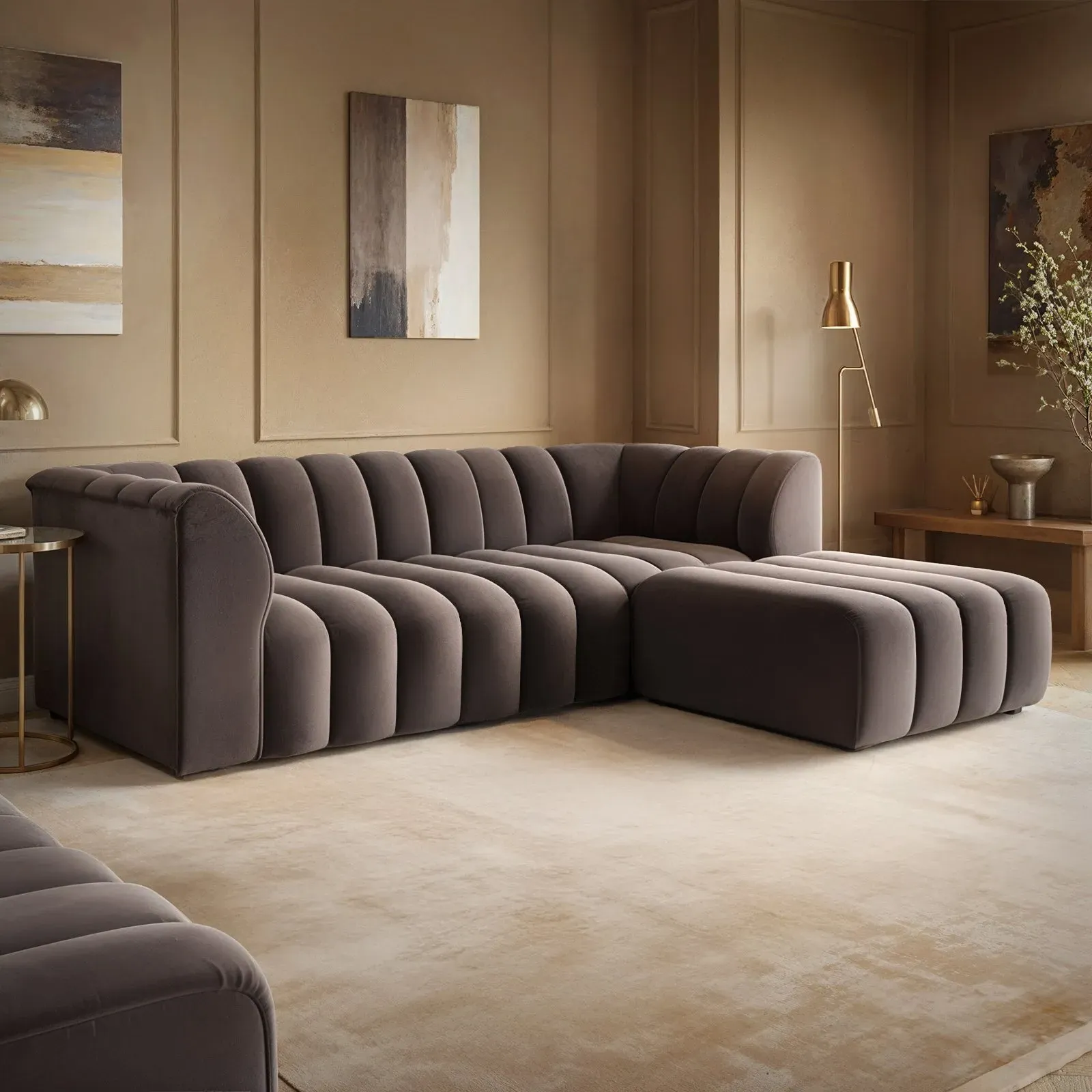 3-Seater Sofa with Footstool - Brown, Velvet