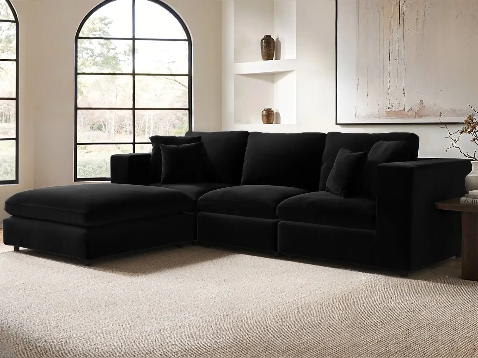 4-Seater Sofa with Footstool - Black, Velvet image