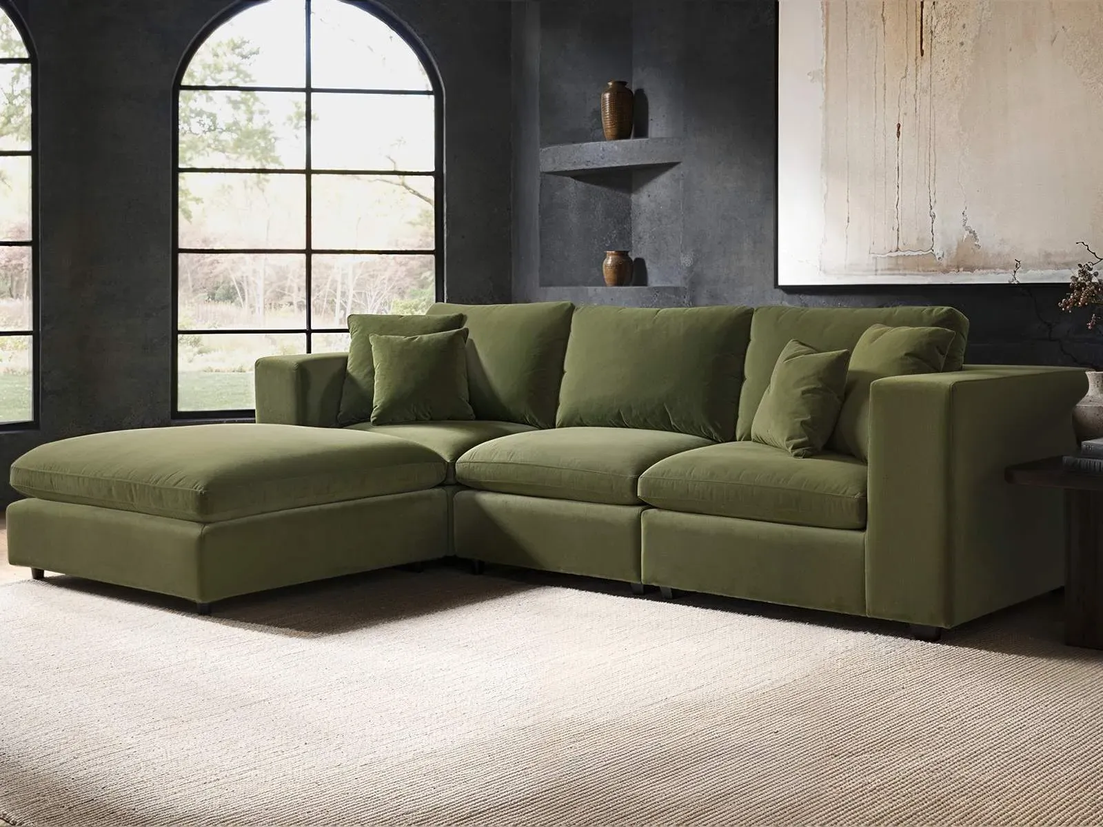 4-Seater Sofa with Footstool - Khaki Green, Velvet