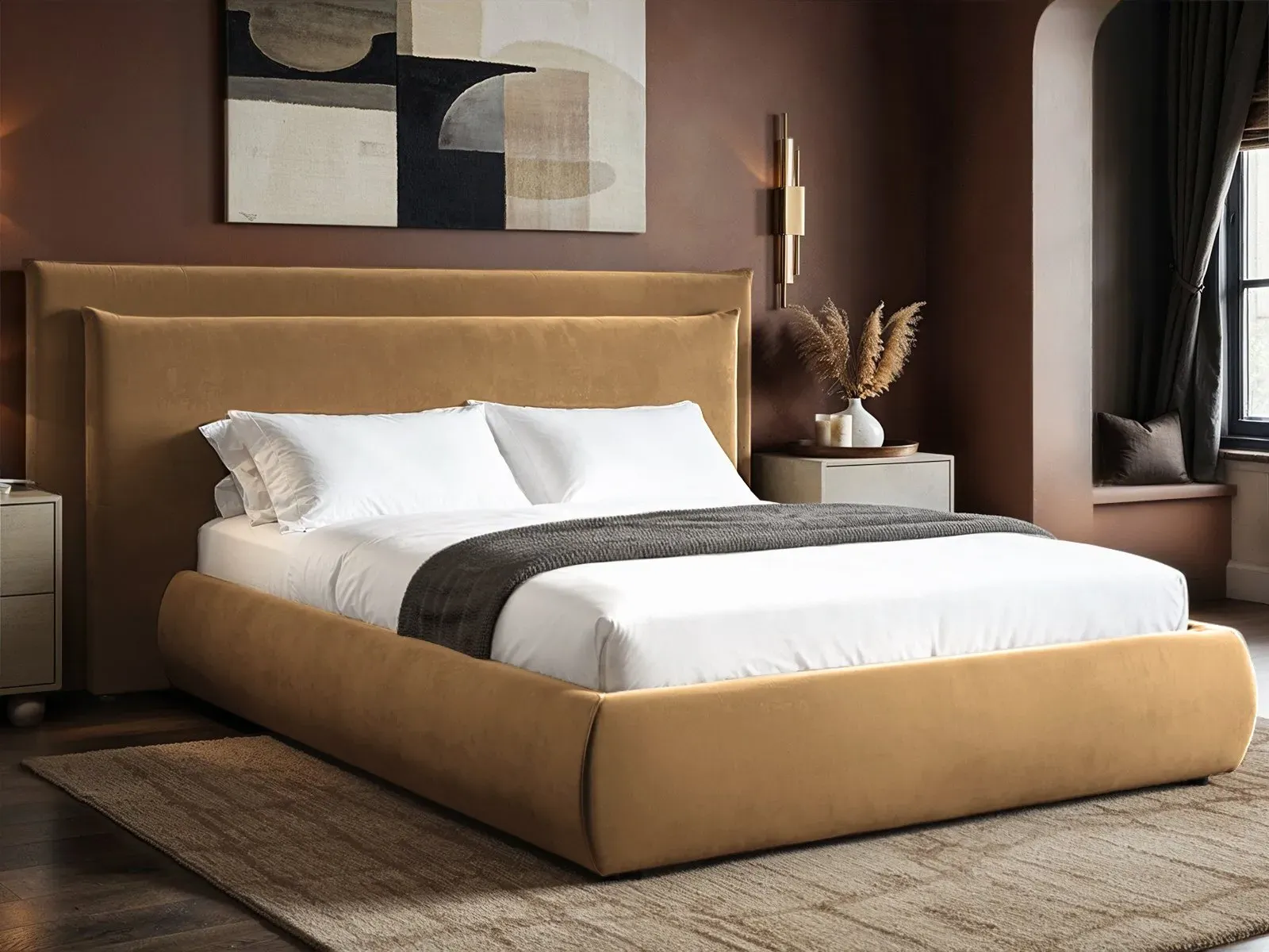 Double Ottoman Bed with Headboard - Sand, Velvet image