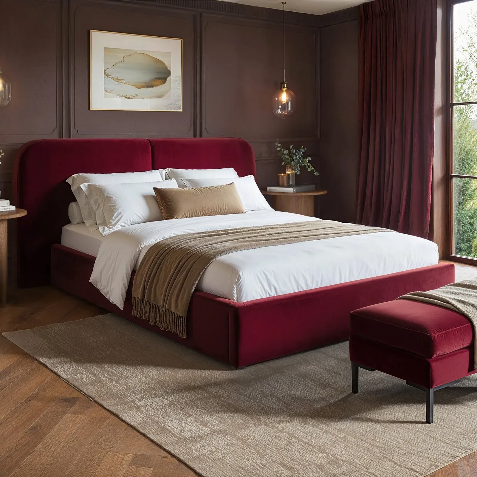 Double Ottoman Bed with Storage - Burgundy, Velvet image
