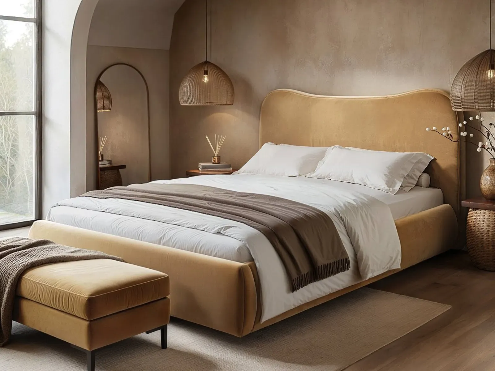 Double Ottoman Bed with Storage - Sand, Velvet