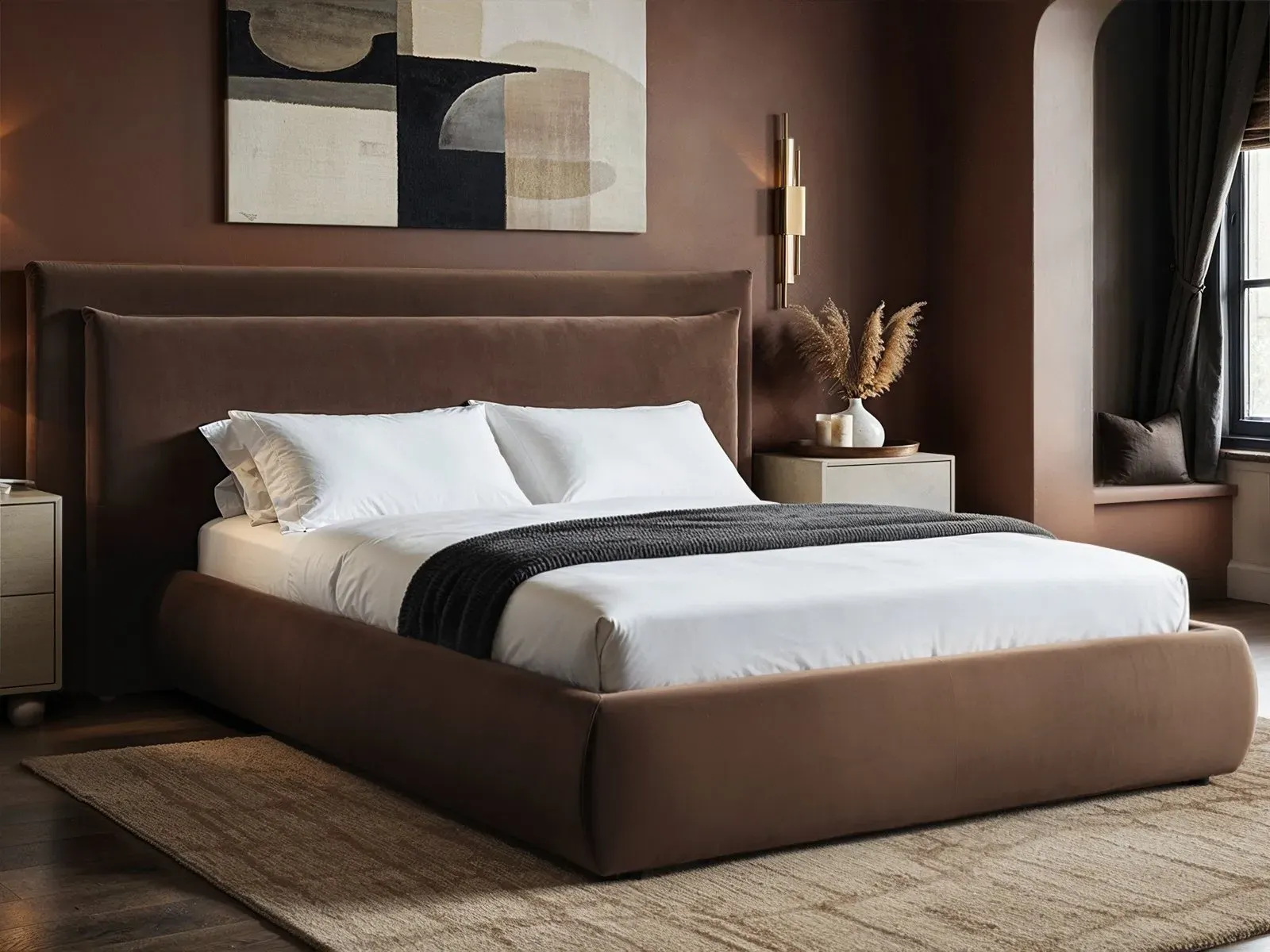 King Size Ottoman Bed with Cushion Headboard - Chocolate