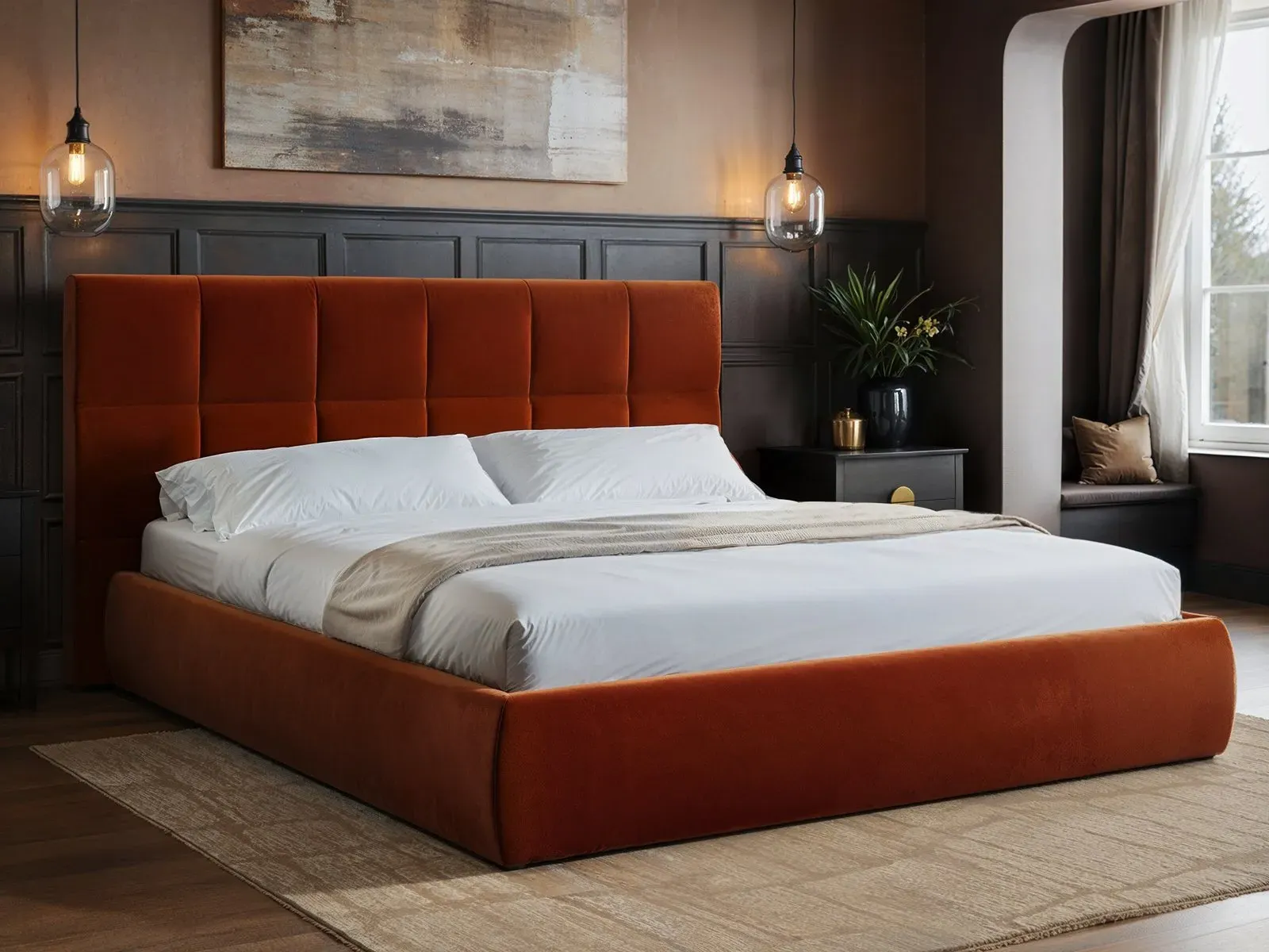 King Size Ottoman Bed with Storage - Burnt Orange, Velvet
