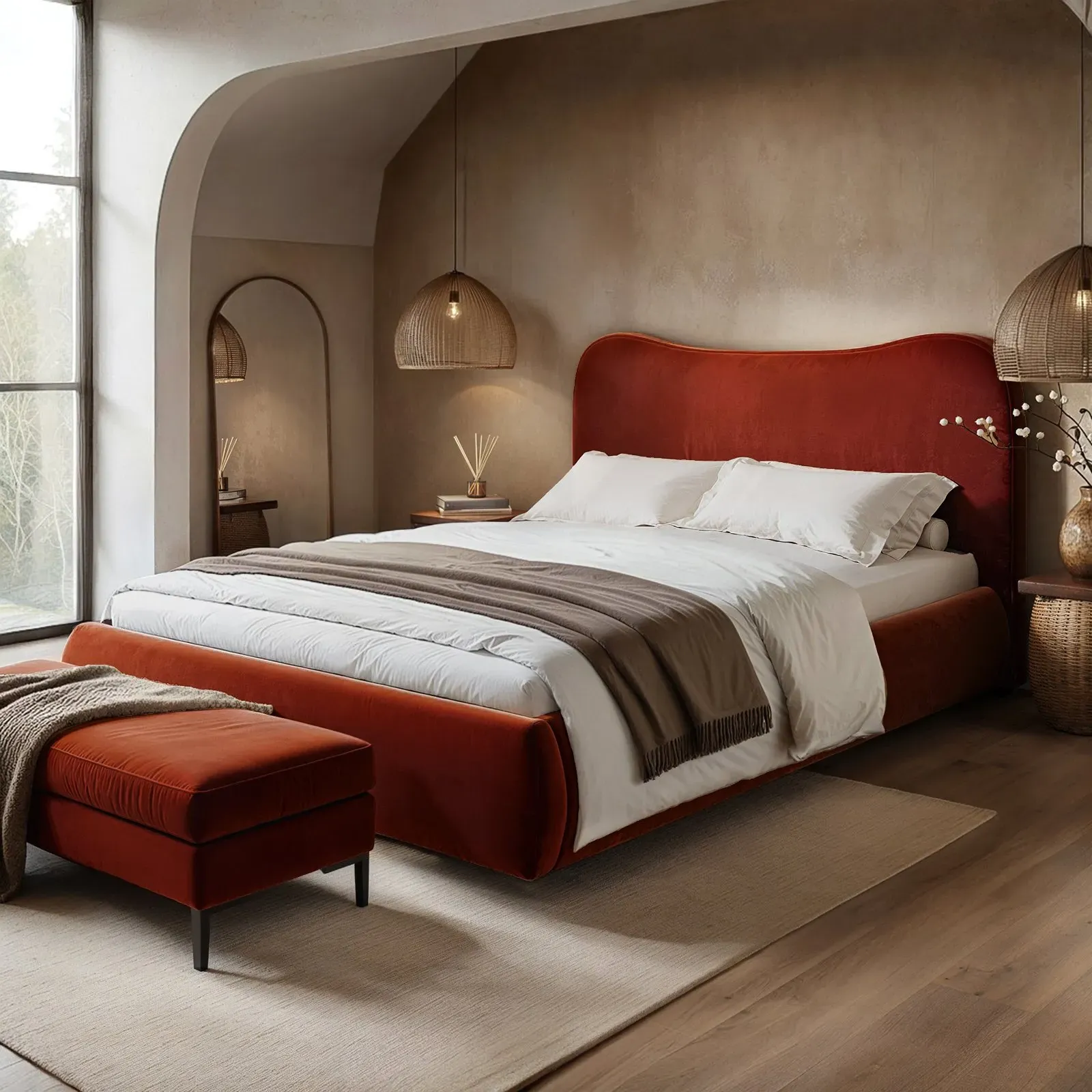 King Size Ottoman Bed with Storage - Orange, Velvet