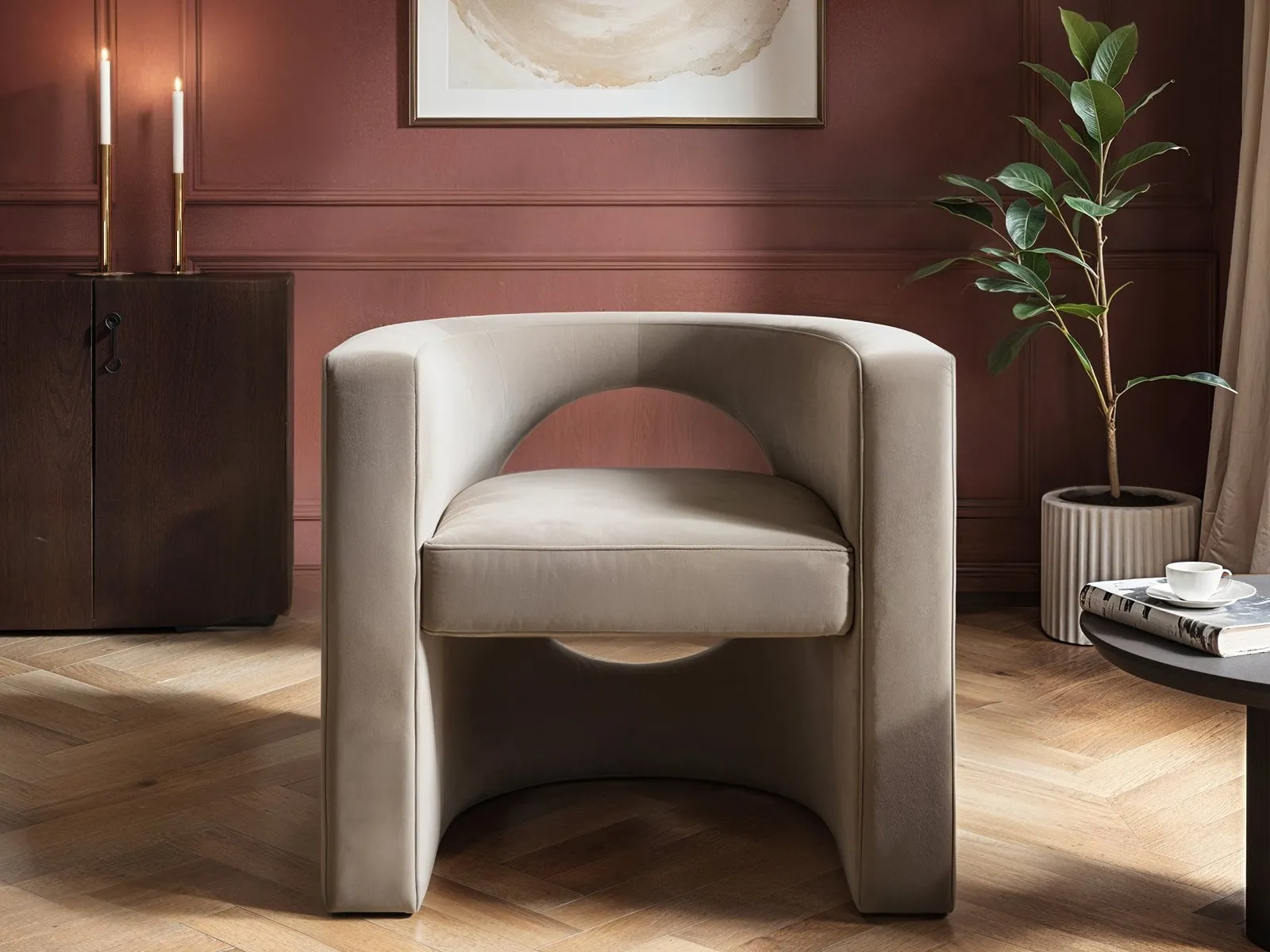 Modern Armchair with Cut-Out - Beige, Velvet image