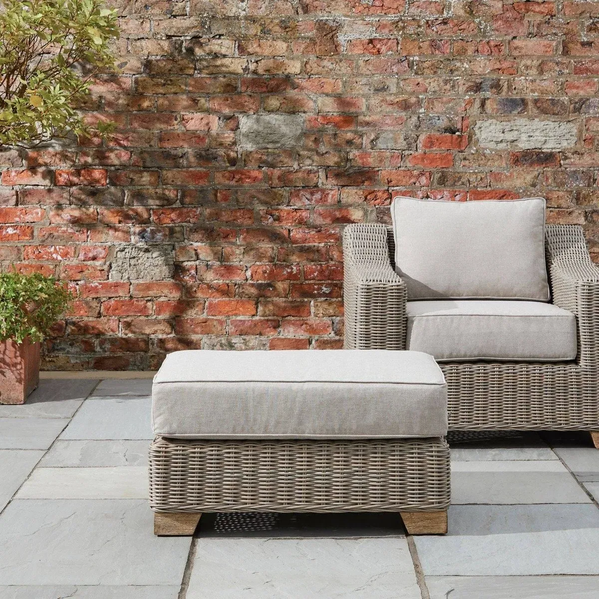 Outdoor Footstool - Beige, HDPE Wicker