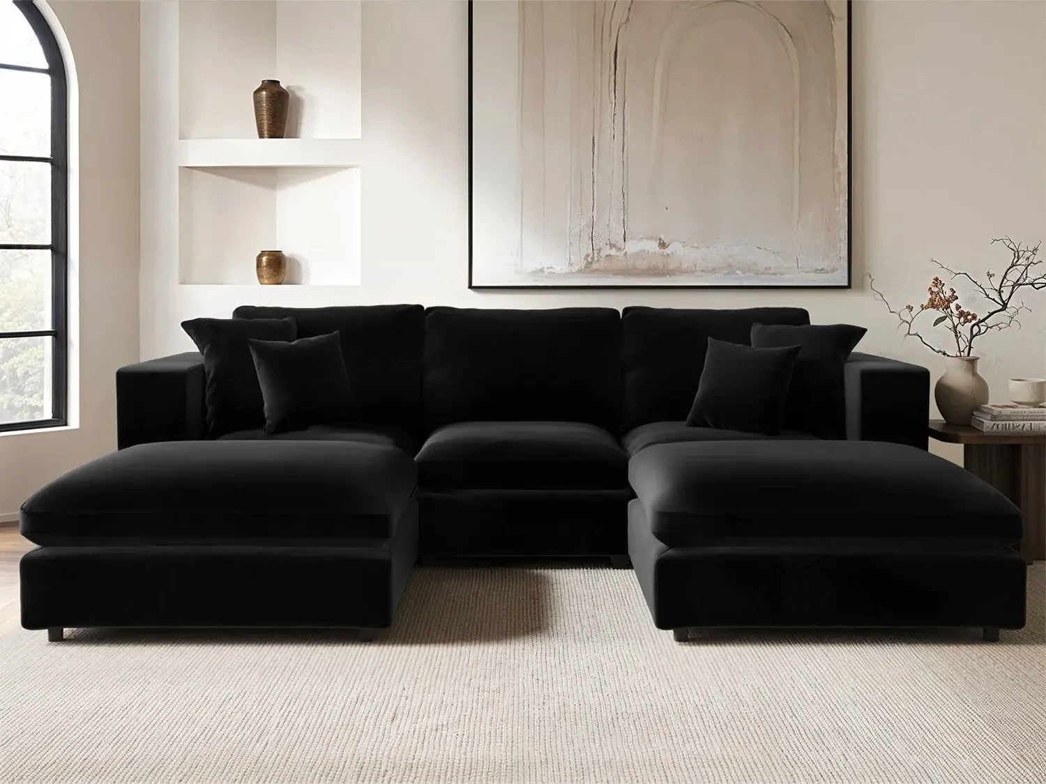 U-Shaped Sofa Bundle with Footstools - Black, Velvet image
