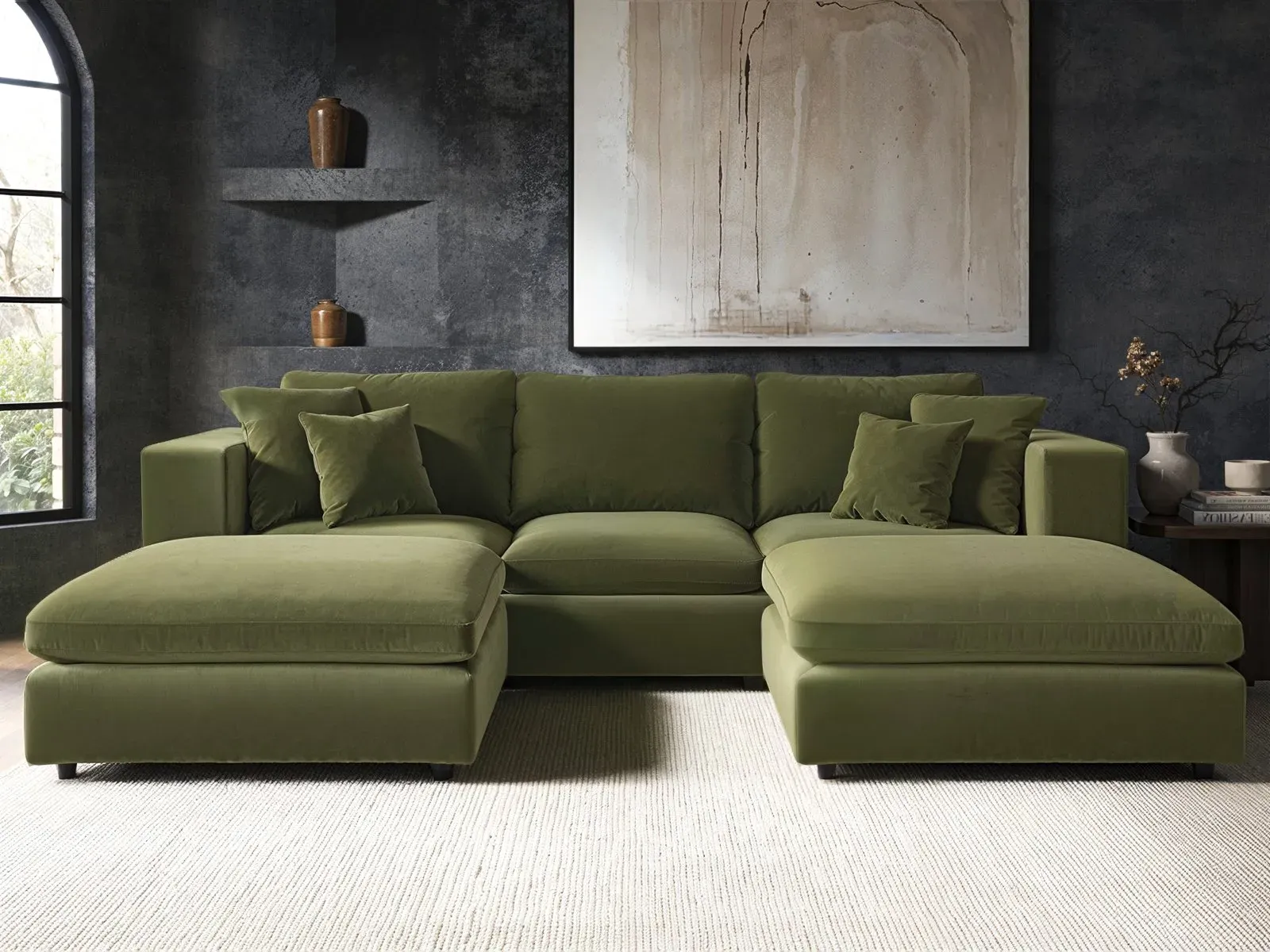 U-Shaped Sofa Bundle with Footstools - Green, Velvet