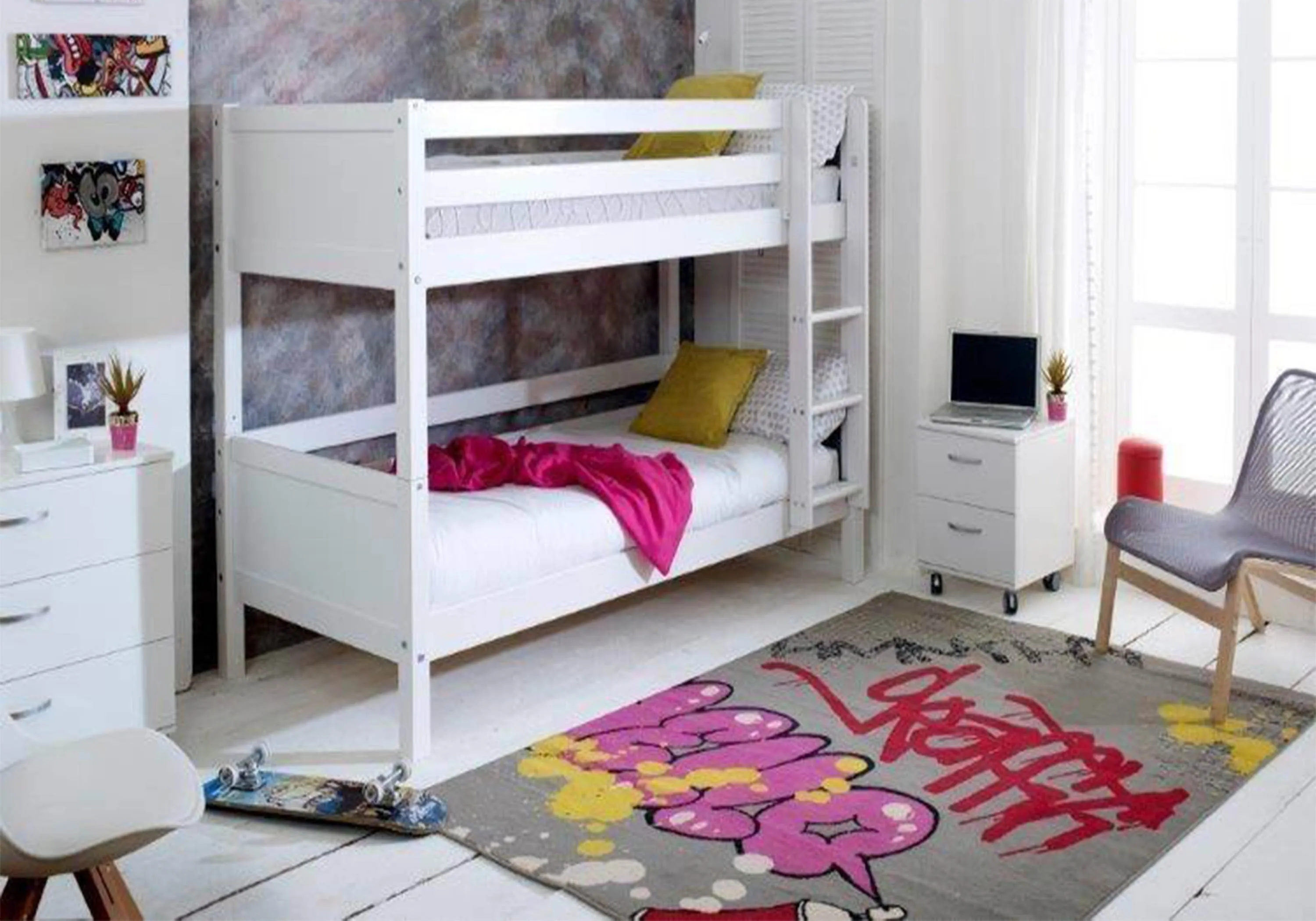 Bunk Bed with Ladder - White, Pine